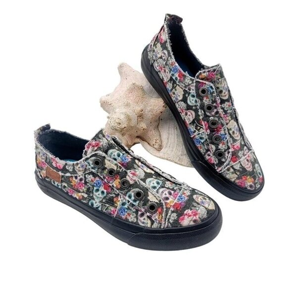Blowfish Shoes - Blowfish Women's Play Comfort Black Sugar Skull Canvas Slip On Sneakers Size 7